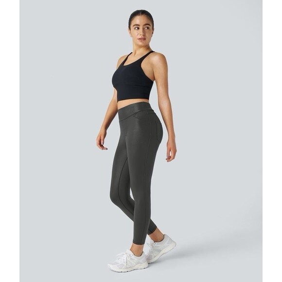 Halara Pants - Halara Sz M Faux Leather Ankle High Waisted Pocket Work Leggings Shiny Black NEW